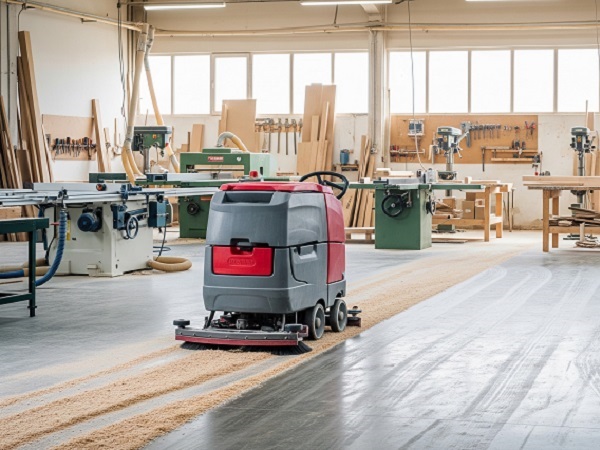Walk-behind scrubber sweeper cleaning sawdust in a woodworking factory